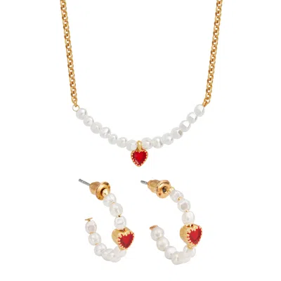 Fable England Women's Gold Love Heart Pearl Necklace & Heart Peal Hoop Earrings