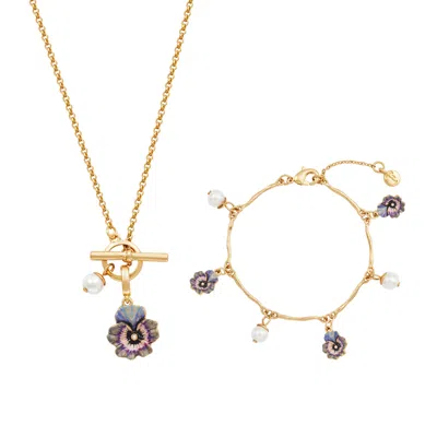 Fable England Women's Gold Pansy & Pearl Toggle Necklace & Charm Bracelet Set