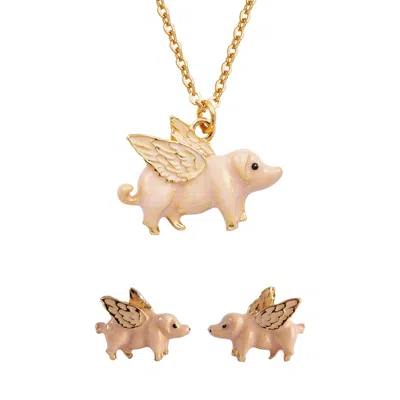 Fable England Women's Gold / Pink Gold Flying Pig Necklace & Stud Earrings Set In Multi