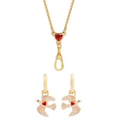 Fable England Women's Gold / Red Gold Love Heart Clasp Chain Necklace & Dove Heart Huggie Earrings Set