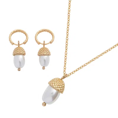 Fable England Women's Gold / White  Acorn Pearl Necklace & Huggie Earrings Set