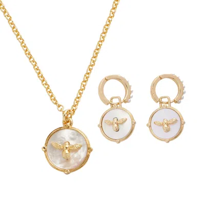 Fable England Women's Gold / White Honey Bee & Pearl Pendant & Huggie Earrings Set
