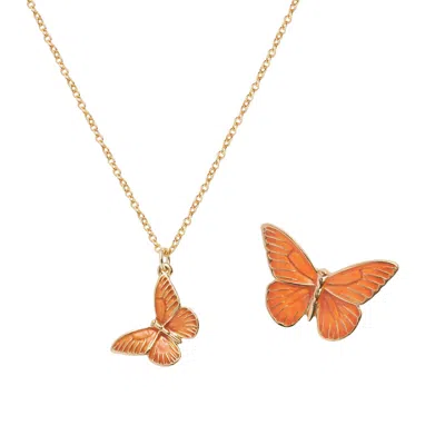 Fable England Women's Gold / Yellow / Orange Butterfly Brooch & Butterfly Necklace Set