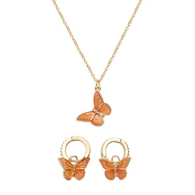 Fable England Women's Gold / Yellow / Orange Butterfly Necklace & Butterfly Huggie Earrings Set