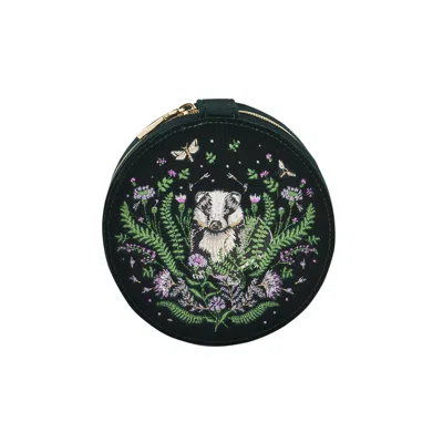 Fable England Women's Green Badger Embroidered Circle Jewellery Box