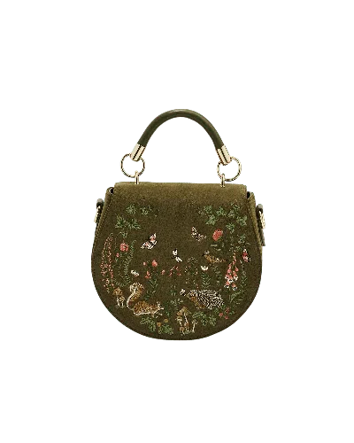 Fable England Women's Green Charlotte Meadow Scene Embroidered Faux Suede Saddle Bag In Khaki