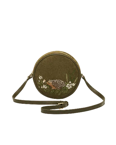 Fable England Women's Green Chloe Hedgehog Embroidered Faux Suede Circle Bag In Khaki