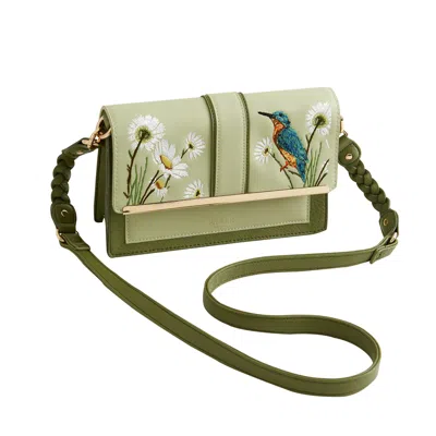 Fable England Women's Green Embroidered Kingfisher Cross Body Bag