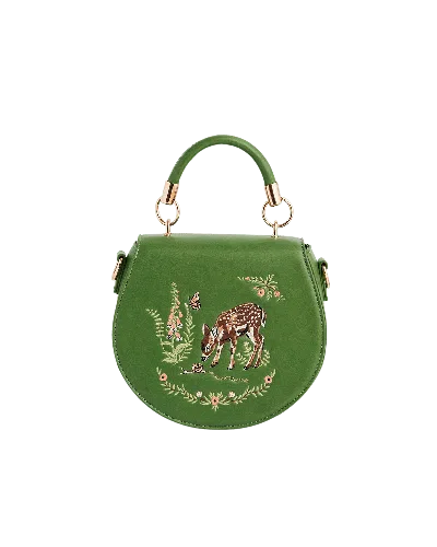 Fable England Women's Green Fawn & Snail Embroidered Top Handle Saddle Bag