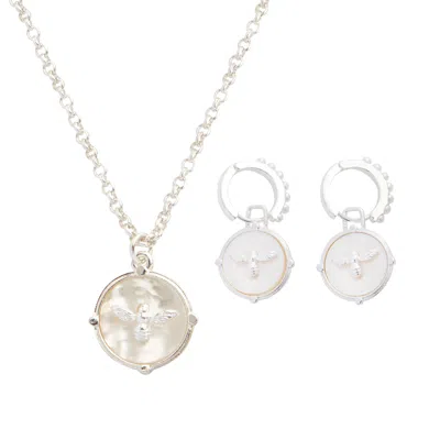 Fable England Women's Honey Bee & Pearl Silver Pendant & Earrings Set