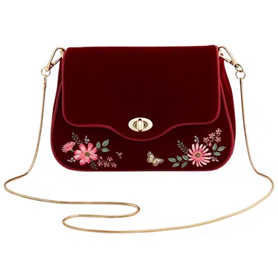 Fable England Women's Mary Floral Embroidered Red Velvet Clutch