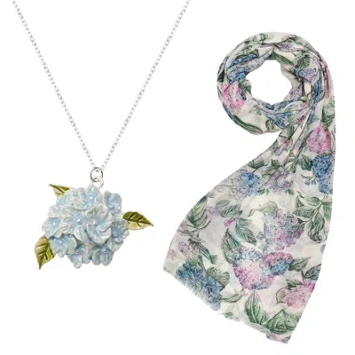 Fable England Women's Neutrals / Pink / Purple Hydrangea Necklace Silver & Hydrangea Lightweight Scarf Set