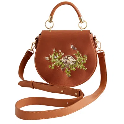 Fable England Women's Neutrals Sleepy Fawn Embroidered Satin Saddle Bag In Brown