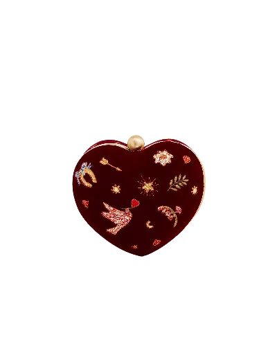 Fable England Women's Red Velvet Embroidered Heart Jewellery Box