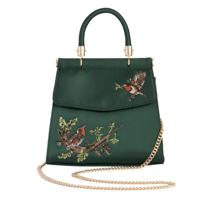 Fable England Women's Robin Love Embroidered Green Satin Tote