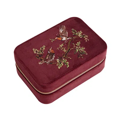 Fable England Women's Robin Love Embroidered Jewellery Box Redcurrant Velvet