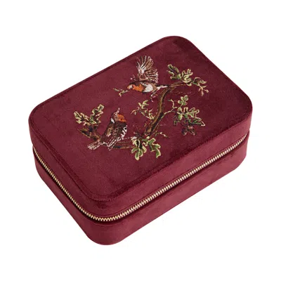 Fable England Women's Robin Love Embroidered Large Jewellery Box Redcurrant Velvet