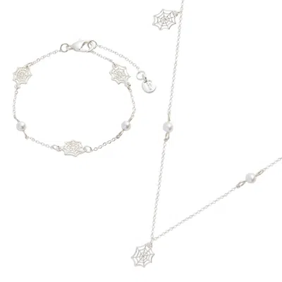 Fable England Women's Silver Cobweb Necklace & Cobweb Bracelet Set