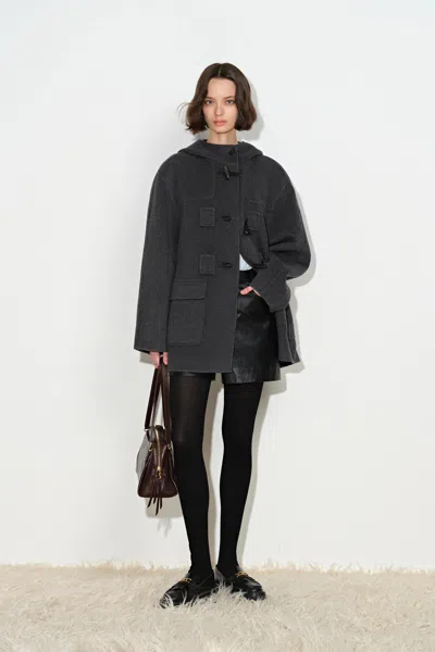 Fabrique Aeliana Plaid Hooded Midi Coat In Dark Grey Wool Blend In Black