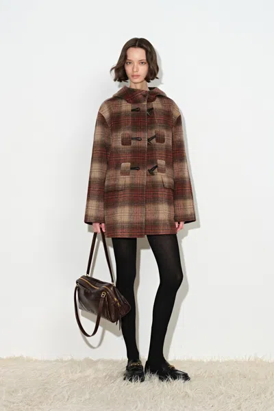 Fabrique Aeliana Plaid Hooded Midi Coat In Red Brown Wool Blend In Earth Tone