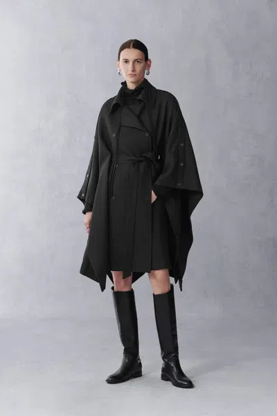 Fabrique Aggripine Cape Style Trench Coat In Lightweight Merino Twill In Black