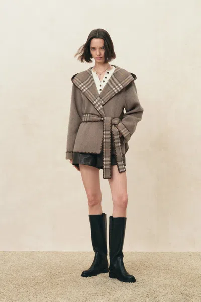 Fabrique Aimee Embroidered Reversible Hooded Coat In Wool Blend In Brown