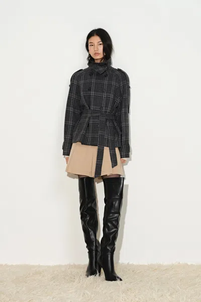 Fabrique Ainsley Plaid Belted Stand Collar Jacket In Wool Blend In Gray