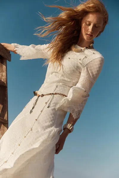 Fabrique Aitana Lace Jacquard Embroidery Long Sleeves Irregular Hem Dress In Tencel Linen In White