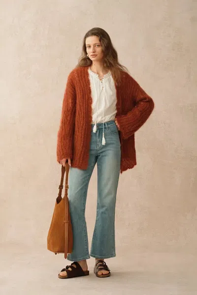 Fabrique Aki Scalloped Neckline Sheer Cardigan In Lightweight Cable Mohair Knit In Brown