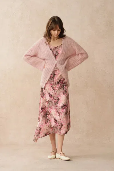 Fabrique Aki Scalloped Neckline Sheer Cardigan In Lightweight Cable Mohair Knit In Pink