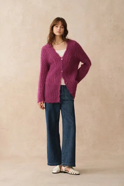 Fabrique Aki Scalloped Neckline Sheer Cardigan In Lightweight Cable Mohair Knit In Purple