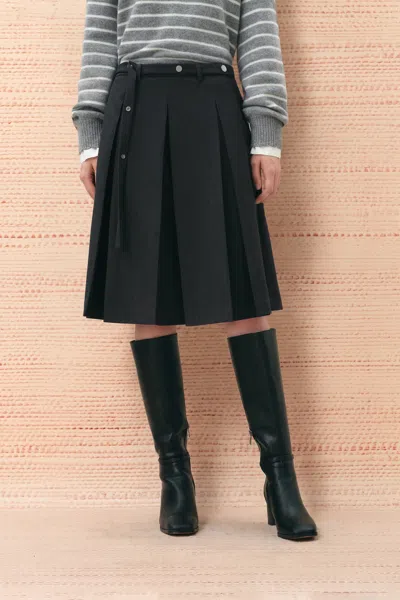 Fabrique Alaia Belted Pleated Midi Skirt In Wool Blend In Grey