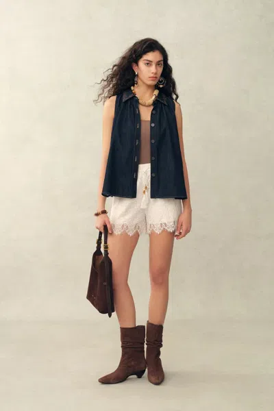 Fabrique Alani Lace  Panel Beaded Fringe Drawstring Shorts In Tencel Linen In White