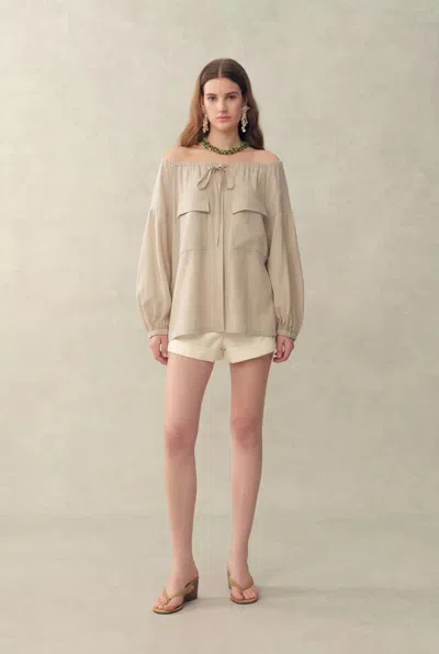 Fabrique Alano Adjustable Off-shoulder Shirt In Thin Denim In Brown