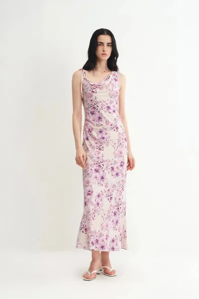 Fabrique Alice Asymmetrical Cowl Neck Flora Dress In Mulberry Silk Crepe In Pink