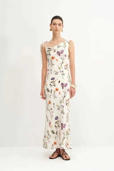 Fabrique Alice Asymmetrical Draped Flora Dress In Matte Silk Crepe In Multi