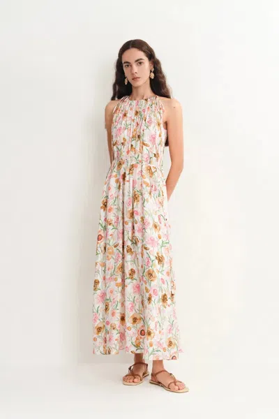 Fabrique Alice Halter Neck Flora Maxi Dress In Pleated Silk Blend In Multi