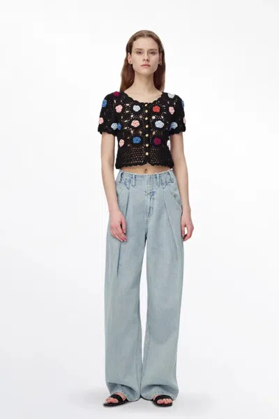 Fabrique Alice Handcrafted Flora Crochet Top In Cotton Knit In Black