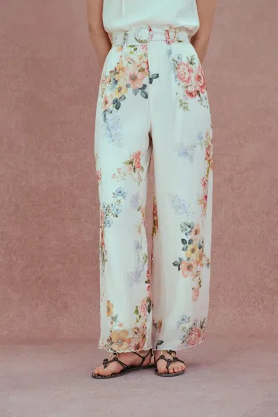Fabrique Alice Watercolor Flora Pants In Silk-linen In White