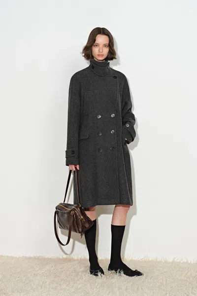 Fabrique Amanda Oversized Lapel Midi Coat In 100% Wool In Gray