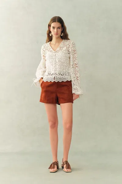 Fabrique Amara Openwork V Neck Cardigan In Cotton Yarn In White