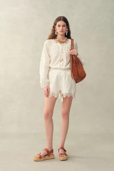 Fabrique Amaya Puff-sleeve Long Sleeve Top And Shorts Set In Lace In Red