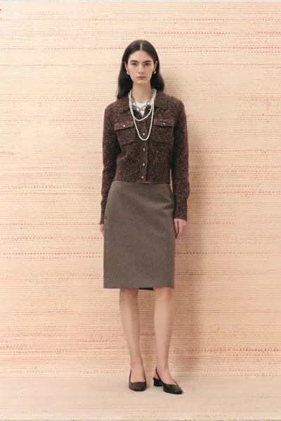 Fabrique Amber Gold Tone Button Mélange Cardigan In Wool Blend In Earth Tone
