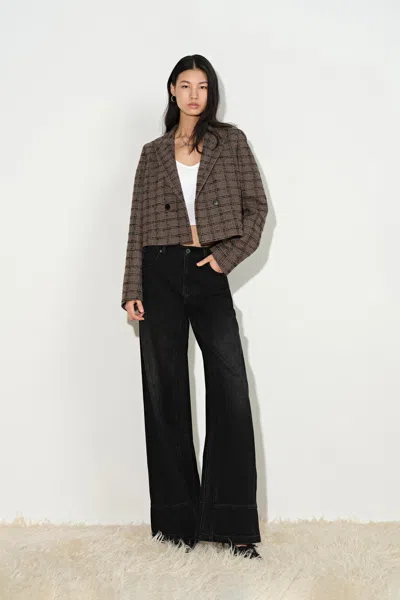 Fabrique Amber Plaid Cropped Blazer In Wool Blend In Brown
