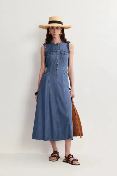 Fabrique Amelia Scallop Buttoned Cinched Midi Dress In Cotton Linen Denim In Blue
