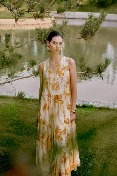 Fabrique Amelia Sleeveless Maxi Dress In Burnout Silk Georgette In Yellow