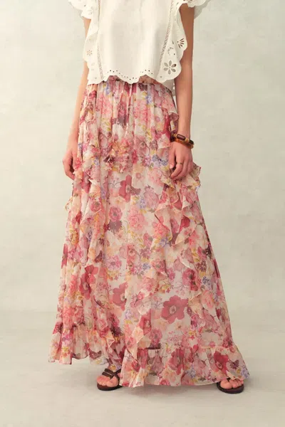 Fabrique Amélie Hand-painted Print Ruffle Skirt In Sheer Chiffon In Multi
