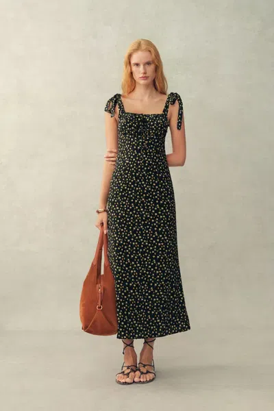 Fabrique Anais Tie Strap Hand Painted Peony Maxi Dress In Stretch Silk Crepe De Chine In Black