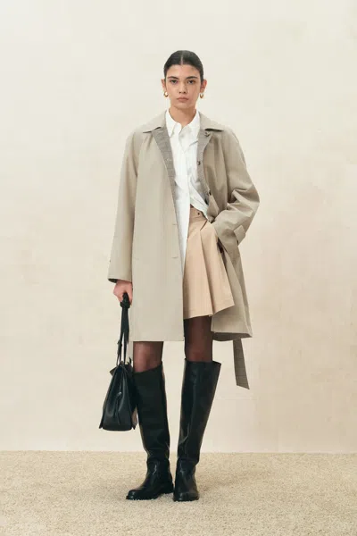 Fabrique Andrea Reversible Lightweight Midi Trench Coat In Khaki Plaid In Neutral