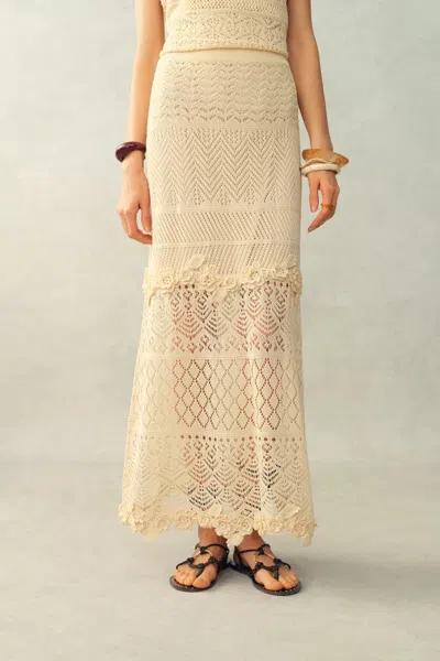 Fabrique Angelica Floral Openwork Straight Maxi Skirt In Linen Knit In Yellow